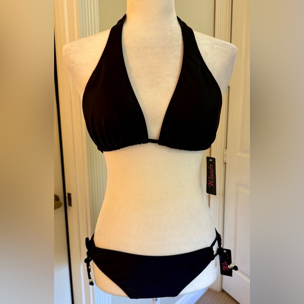 NWT Women's Black String Bikini by Want, top Sz Large bottoms Sz Med